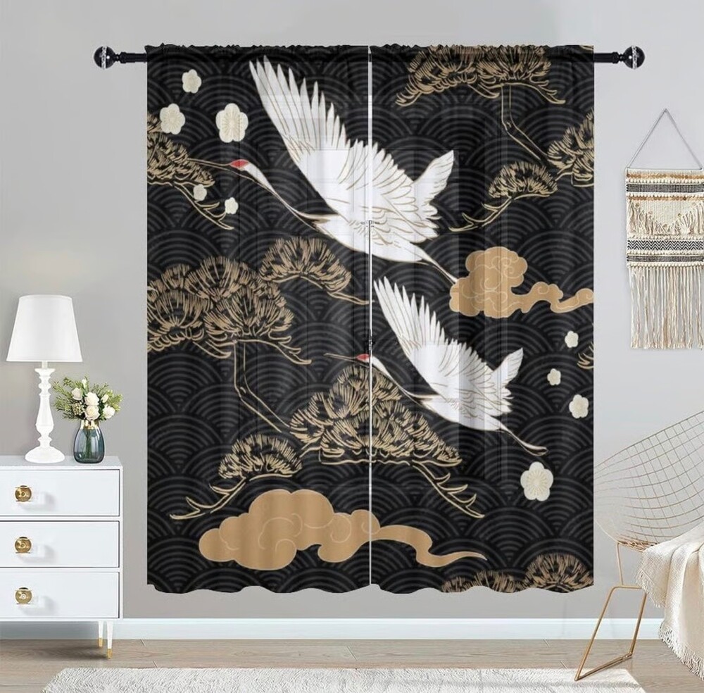 6 Japanese Pattern Semi Sheer Wave & Crane Light Filtering Curtain Panels